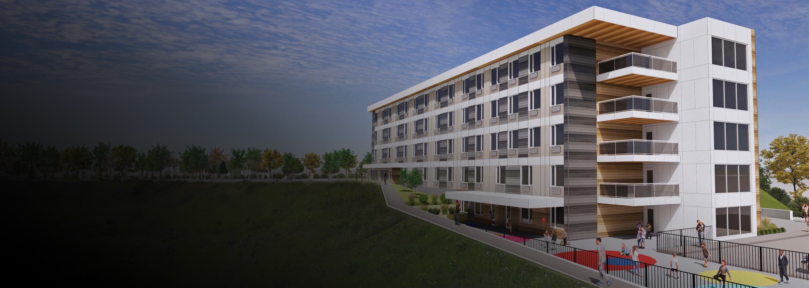 rendering of the exterior view of the new student housing residence in Vernon campus