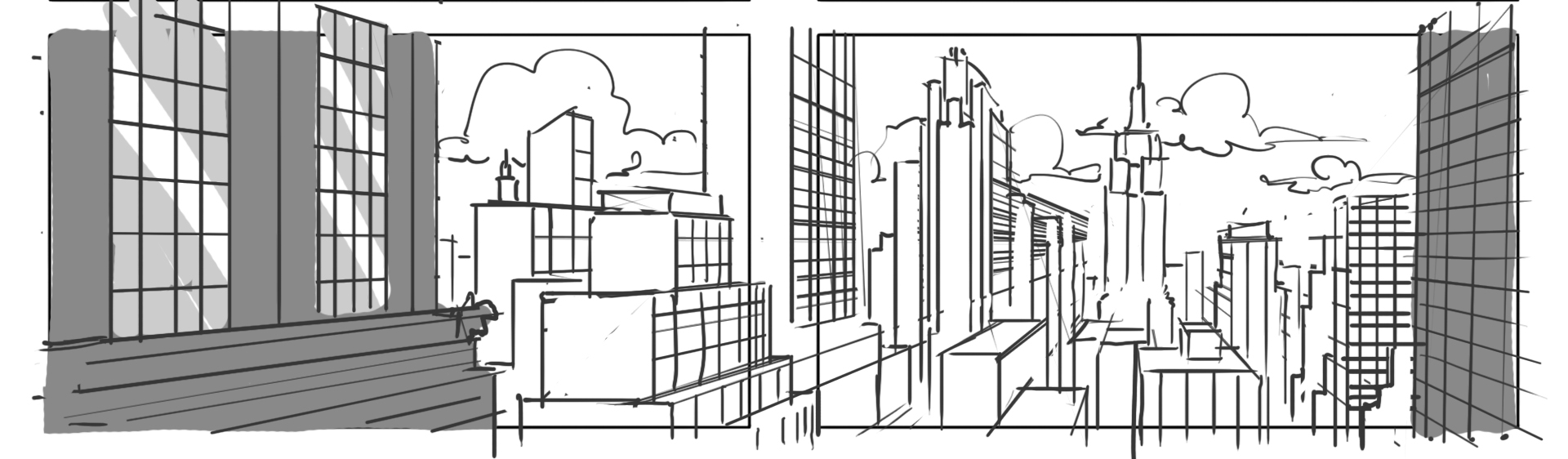 Line drawing of a city scape from the view of a skyscraper window