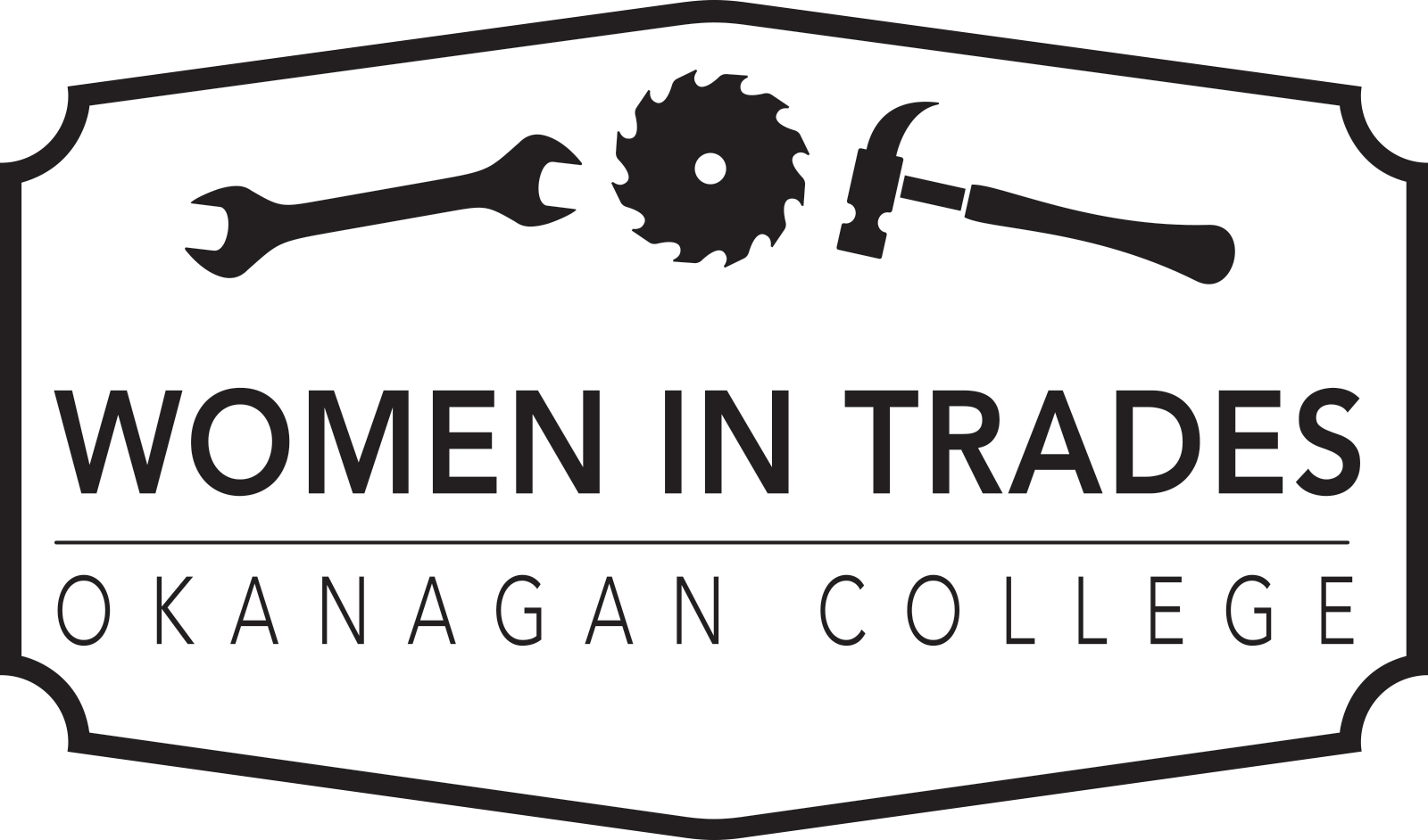 Women in Trades | Okanagan College text along with graphic of a wrench, saw blade and a hammer