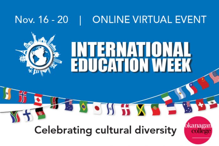 International Education Week poster featuring lots flags from countries all over the world. The online virtual event takes place Nov. 16-20 and will celebrate cultural diversity.