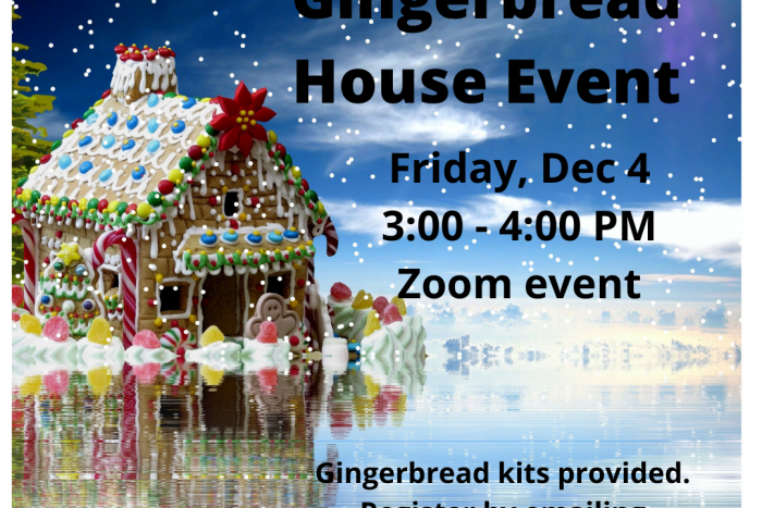 Gingerbread house by a lake with text overlain
