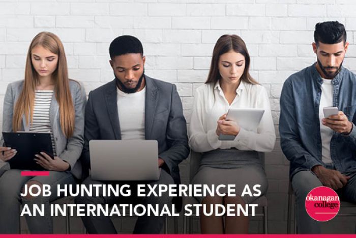 Students in line for an interview with "Job Hunting Experience as an International Student" text overlain.