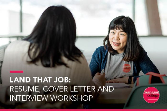 Two people speak to each other from across a table "Land that Job: Resume, cover letter and interview workshop" text overlain on top.