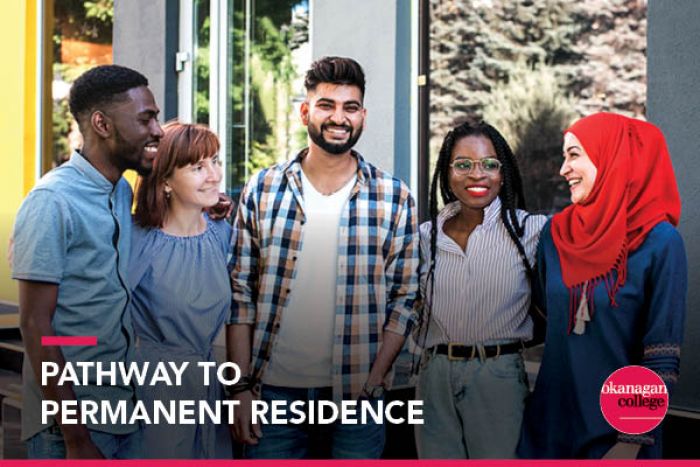 Five students hang out outside with "Pathway to Permanent Residence" text overlain on top.