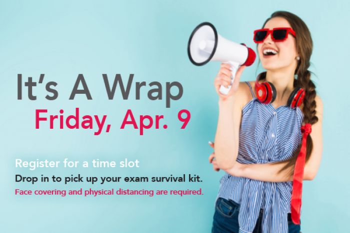 Woman with sunglasses and megaphone with "It's a wrap event Friday April 9" text overlain