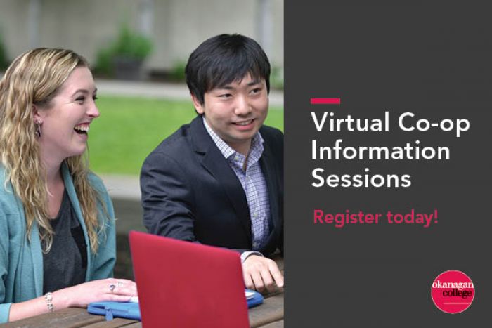 Two students sitting at a table with text overlay saying Virtual Co-op Information Sessions. Register today.