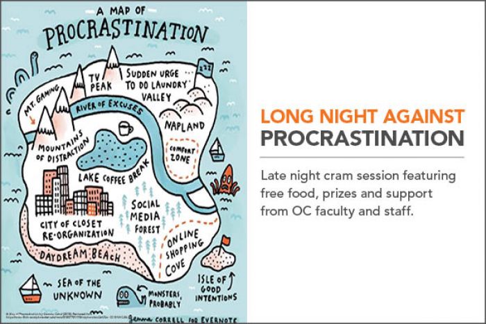 Long Night Against Procrastination poster with a map showing all the ways we distract ourselves, plus the Nov. 26 date of the event