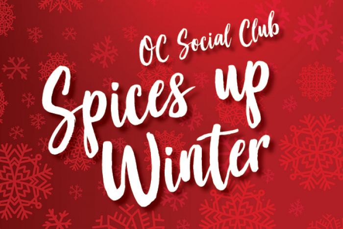 OC Social Club Spices up Winter text overlay on red snowflake background