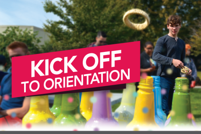 Student playing ring toss with text overlay saying kick off to orientation