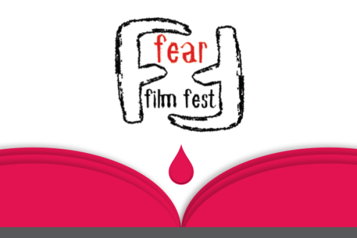 Fear Film Fest graphic with a drop of blood by theatre curtains
