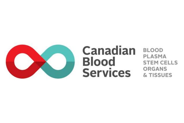 Canadian Blood Services logo with text listing what donations they accept: blood, plasma, stem cells, organs and tissues