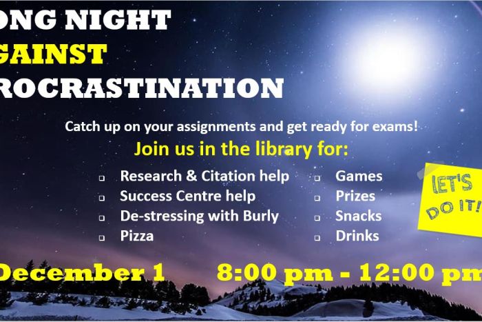 Long Night Against Procrastination poster with event details that are displayed in the body of that page