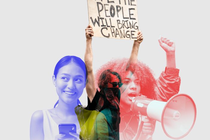 Graphic featuring three people: one carrying a megaphone, one protesting and another person smiling.