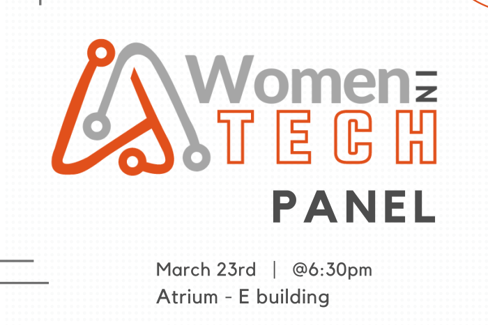 OCSU graphic that reads "Women in Tech Panel, March 23 at 6:30 p.m. in the E Building atrium"