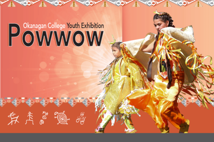 two dancers wearing orange regalia. Text stating "Okanagan College Youth Exhibition Powwow"