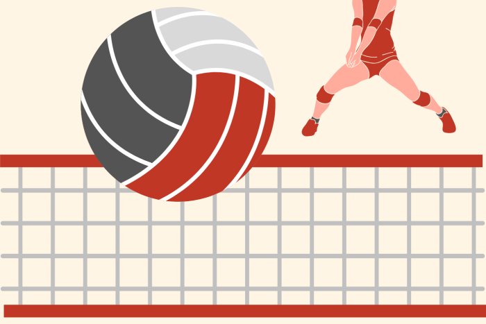 a poster that reads: Drop in volleyball Tuesdays 1-3pm. The poster shows a volleyball and net