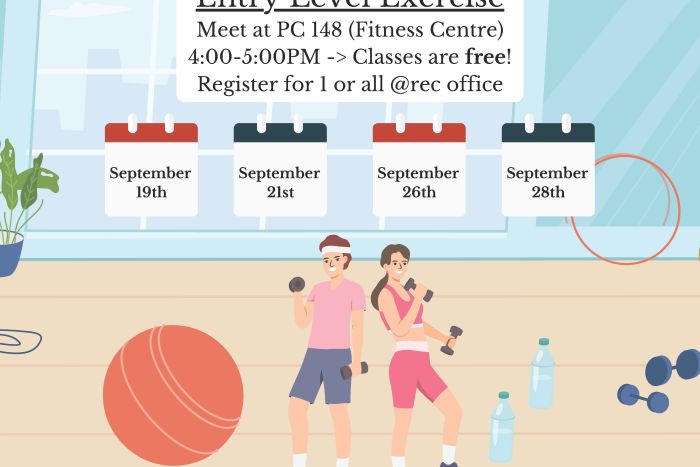 Cartoon style: people working out. Reads: Entry Level Exercise. Meet at PC 148 (fitness Centre) 4-5pm classes are free. Register for 1 or all @rec Office