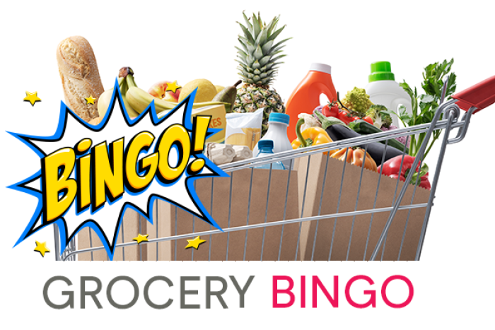 A shopping cart full of groceries. Poster reads Grocery Bingo