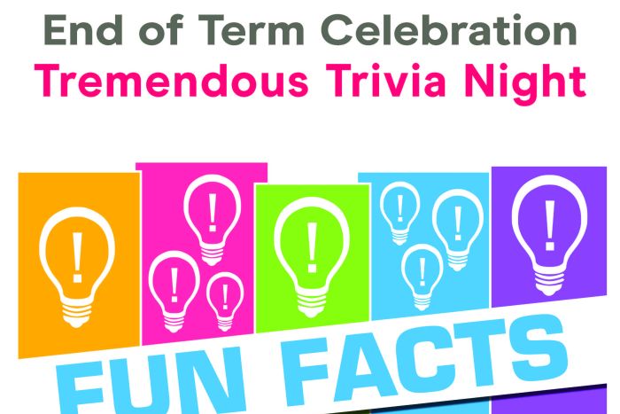 Poster that reads: End of term celebration tremendous trivia night. 