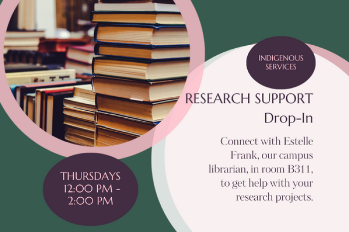 Research Support Drop-in poster read: Connect with Estelle Frank, our campus librarian, in room B311 to get help with your research projects.