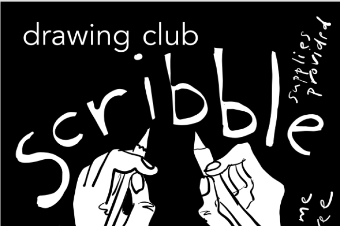 Drawing post, black background with white writing and drawing of hands holding pencils. reads: for OC students every other Wednesday