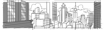 Line drawing of a city scape from the view of a skyscraper window