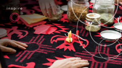 indigenous patterned cloth over a table with traditional offering sitting on top