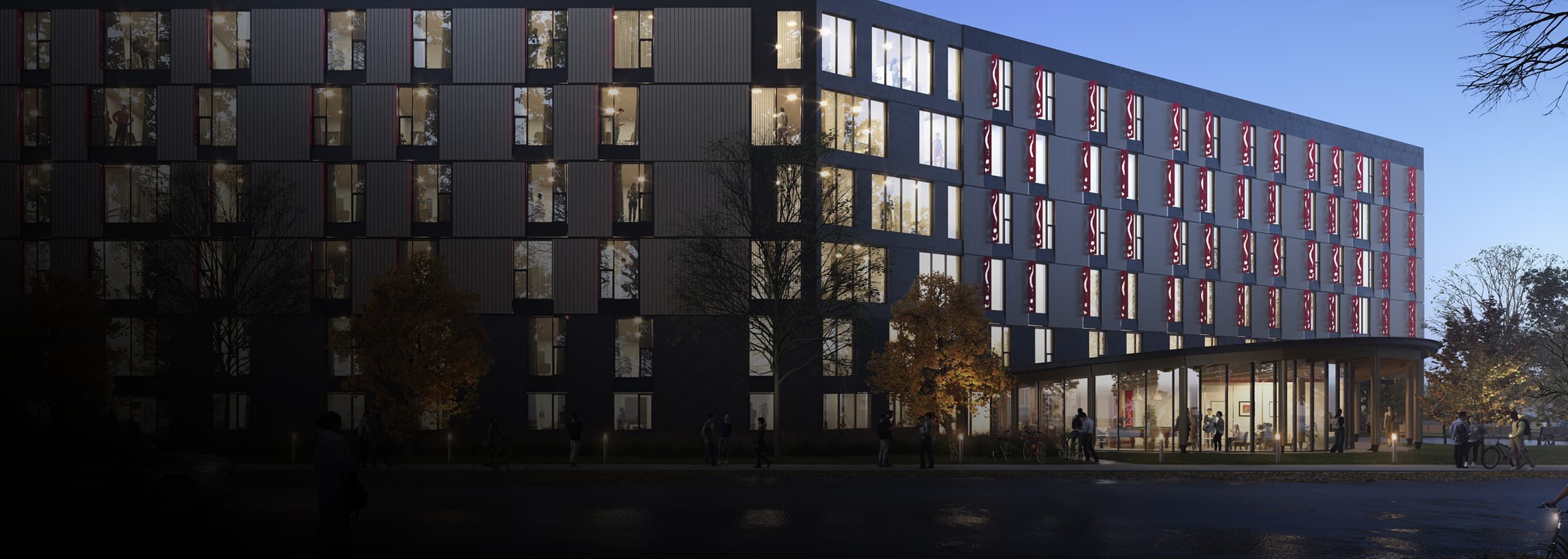rendering of the exterior view of the new student housing residence in Kelowna campus