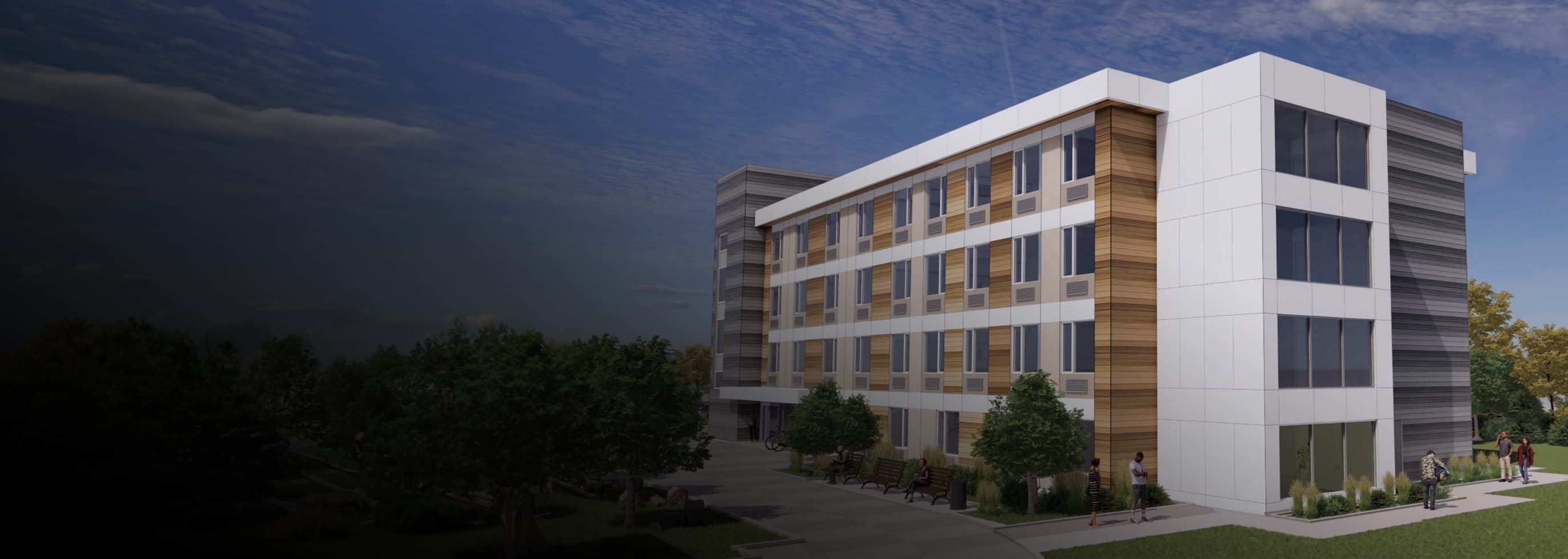 rendering of the exterior view of the new student housing residence in Salmon Arm campus