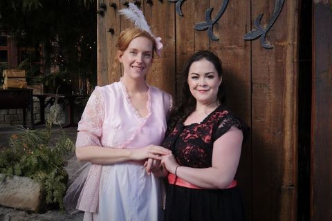 Becky sharp (played by Sarah Foss) and Amelia Sedley (played by Emily Hardy)