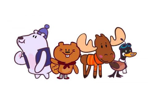Digital art cartoon characters including a polar bear, beaver, moose and Canada goose