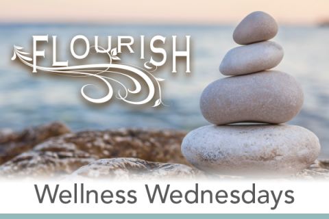 A tranquil and calm beach scene with stacked rocks with text overlain that reads "Flourish Wellness Wednesdays"