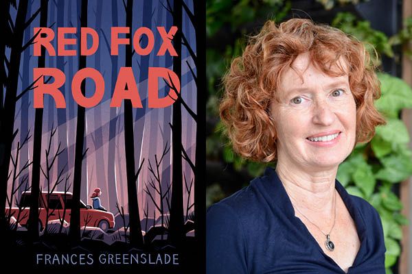 Headshot of Frances Greenslade on right next to the cover of her book, Red Fox Road.