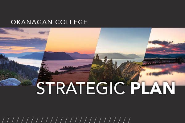 Four waterfront images of Okanagan College service regions blend into each other on a dark backdrop with "Okanagan College strategic plan" text overlain on top