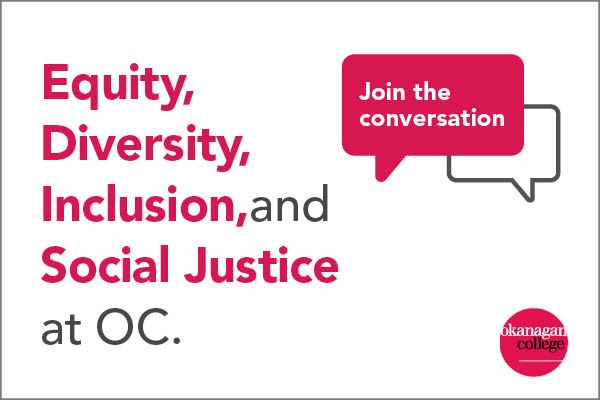 Equity, Diversity, Inclusion and Social Justice at OC text next to two chat bubbles with Join the conversation text inside.