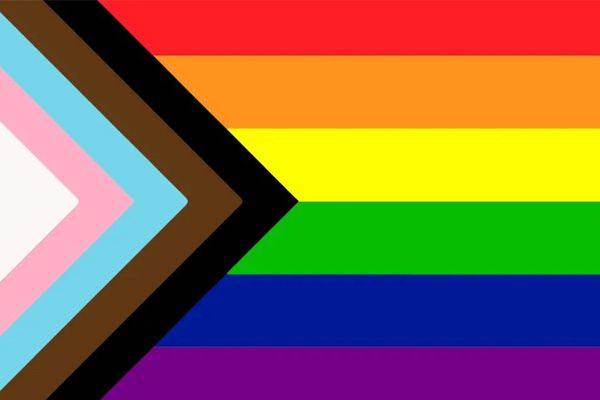 Progressive pride flag. Red = Life, Orange = Healing, Yellow = New ideas, Green = prosperity, Blue = Serenity, Violet = Spirit, Black and Brown = people of colour and White, Blue and pink = trans community
