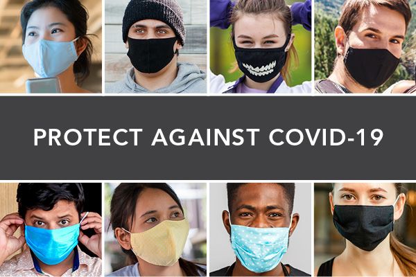 Protect against COVID-19 text overlay on an image of 8 people wearing masks