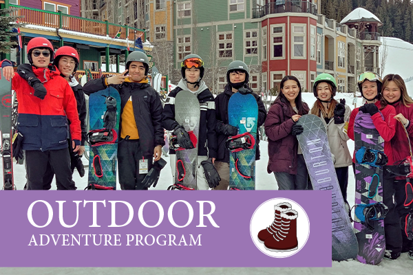 Students in winter gear with their snowboards; text: Outdoor Adventure Program