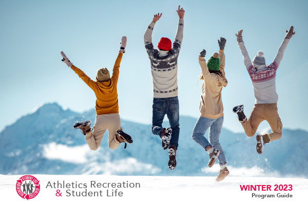 Students dressed in winter clothes jumping in the air; text: Athletics, Recreation and Student Life Winter Guide 2023