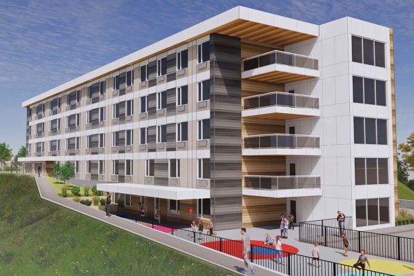 rendering of the exterior view of the new student housing residence in Vernon campus