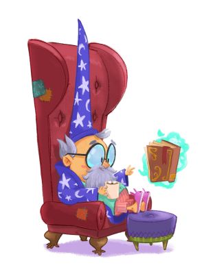 Digital art cartoon of a wizard curled up in a cozy chair drinking hot chocolate while reading a book floating in the air