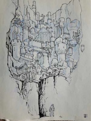 A sample piece of personal drawing work, featuring someone standing at the bottom of a large city on a hill