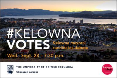 Text of "Kelowna votes" overtop of a lakeview image of the city