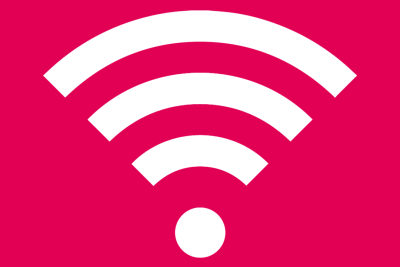 red background, white wifi signal icon