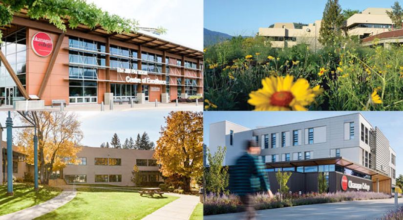 Grid of photos images from various OC campuses, clockwise from top left: Penticton, Vernon, Kelowna and Salmon Arm