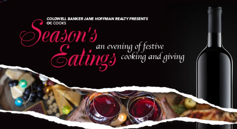 An event image for Season's Eatings showing food and two wine glasses.