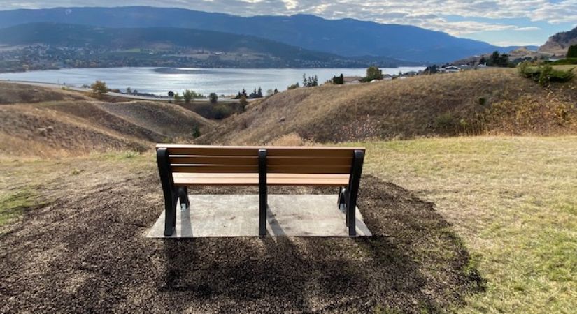 Wooden bench constructed at Vernon campus looks out over Kalamalka Lake