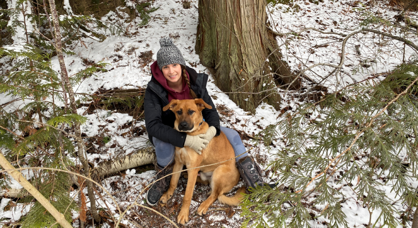 Practical Nursing alumna Monica Auck and her dog, a four-legged family member, enjoy the forested outdoors in the Shuswap.