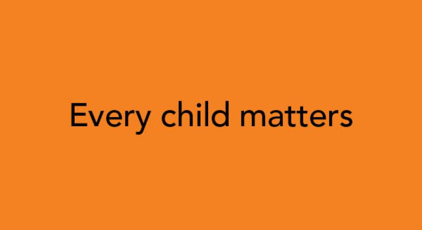 Text of "Every child matters" overlain on an orange background