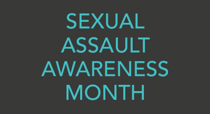 The words "Sexual Assault Awareness Month" in teal overlain on a grey background.
